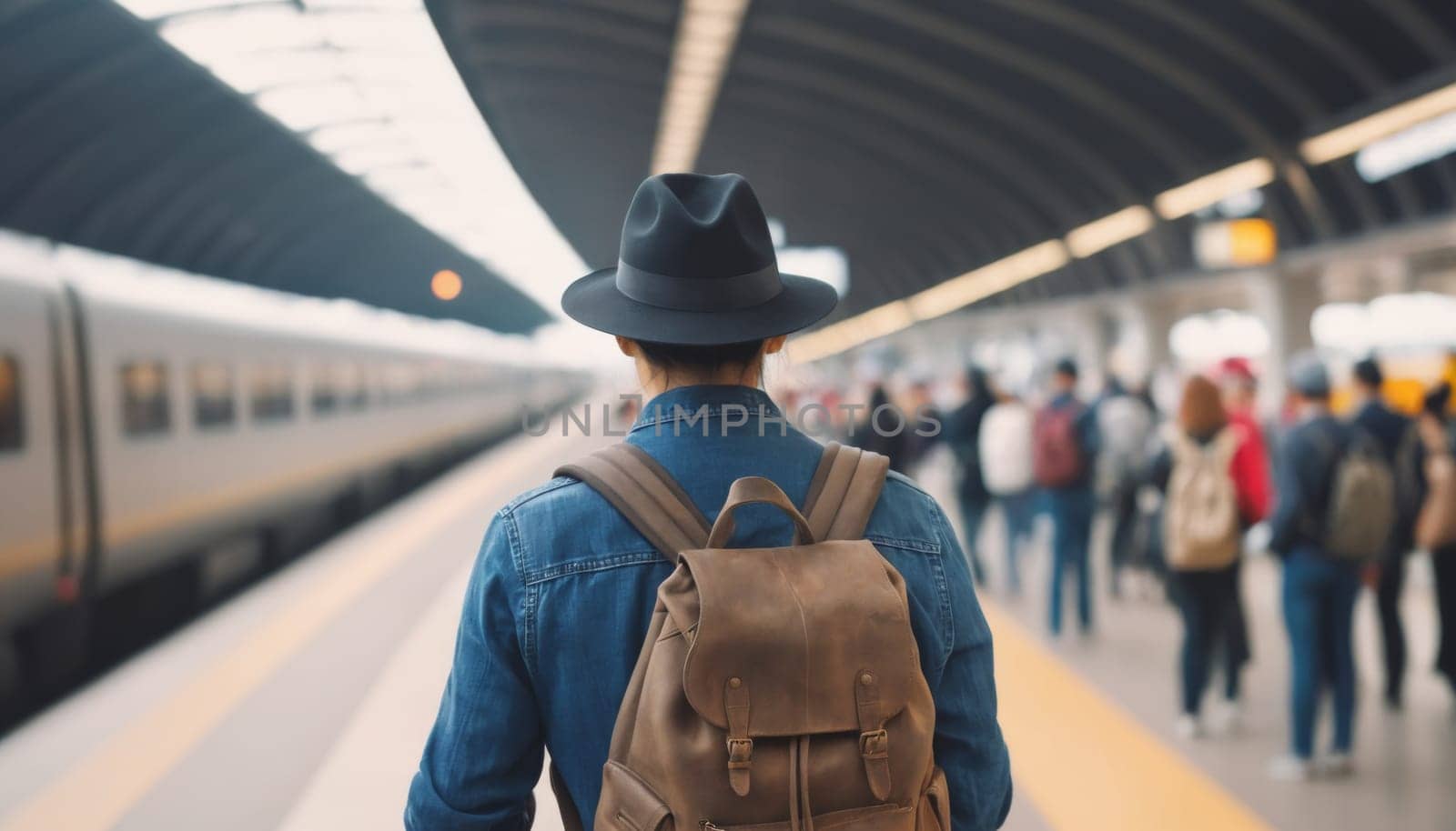 A back view of a young traveler with a green backpack looking at the departure boards in a modern and bright airport terminal.