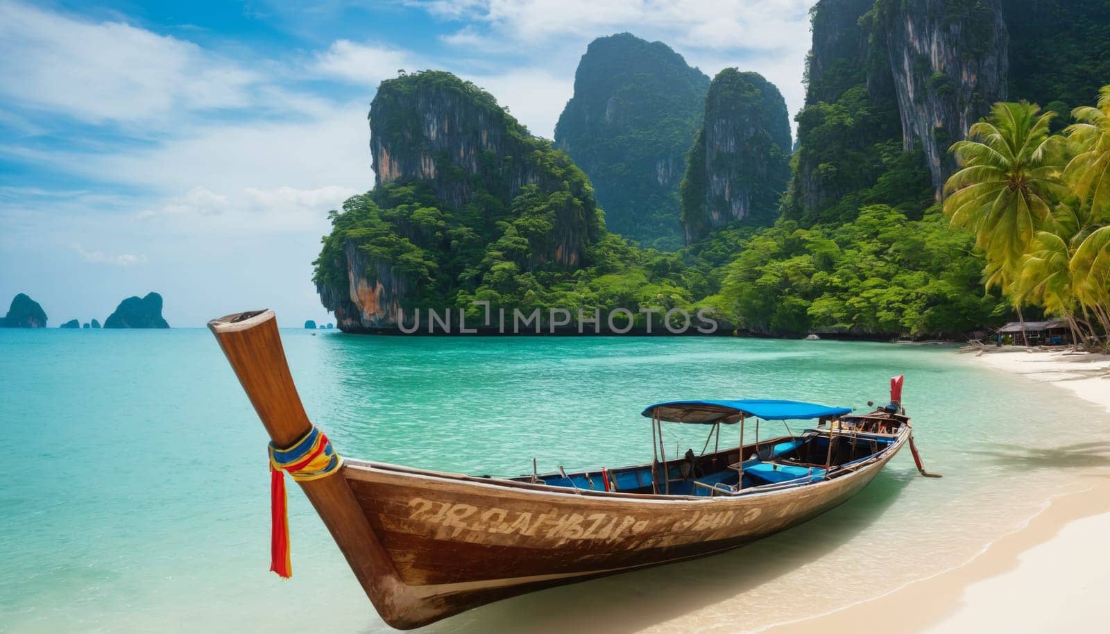 A pristine tropical beach with crystal clear waters and a traditional wooden boat in the foreground. Lush green cliffs and blue skies create a serene atmosphere.
