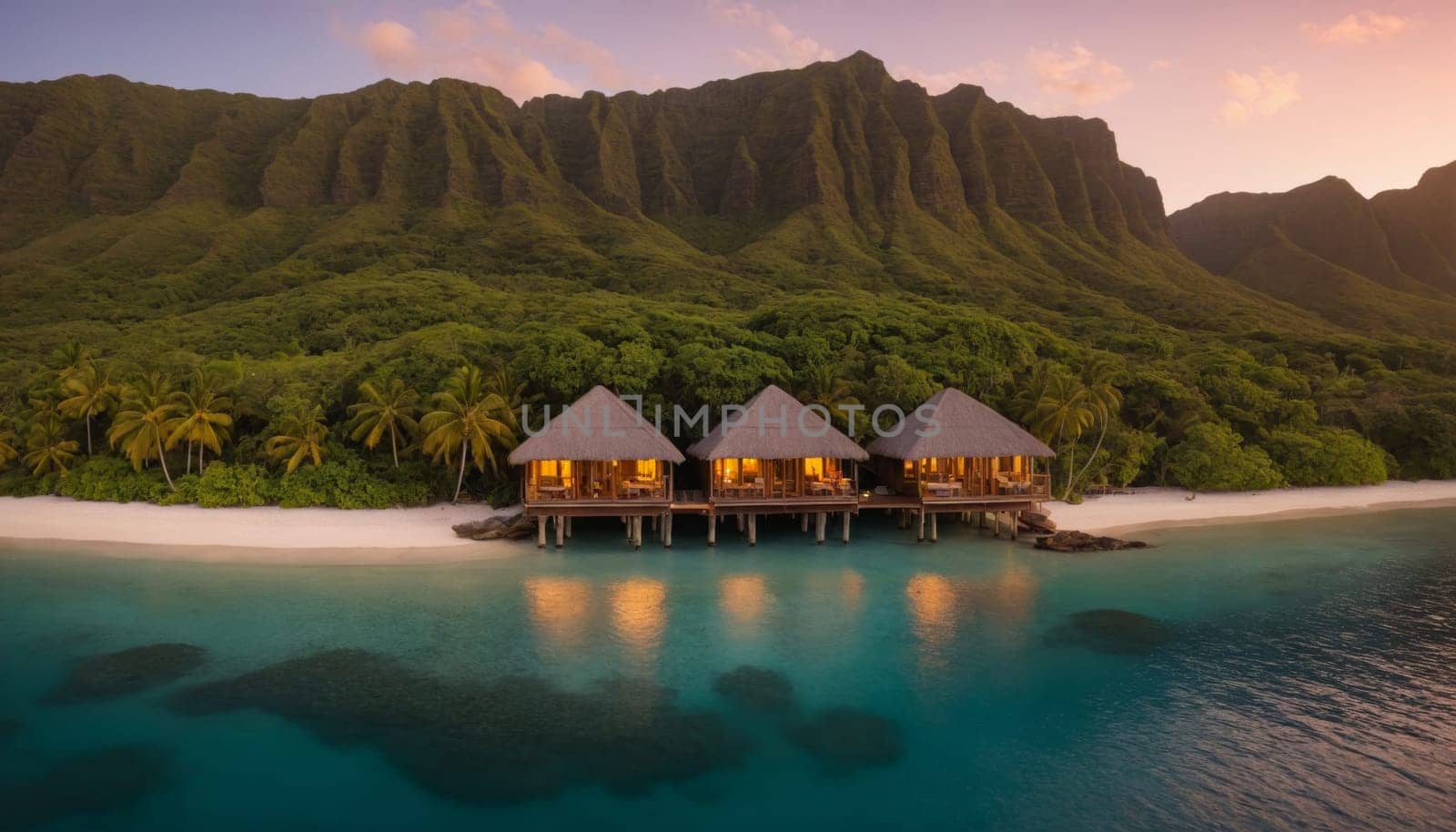 A pristine tropical beach with crystal clear waters and a traditional wooden boat in the foreground. Lush green cliffs and blue skies create a serene atmosphere.