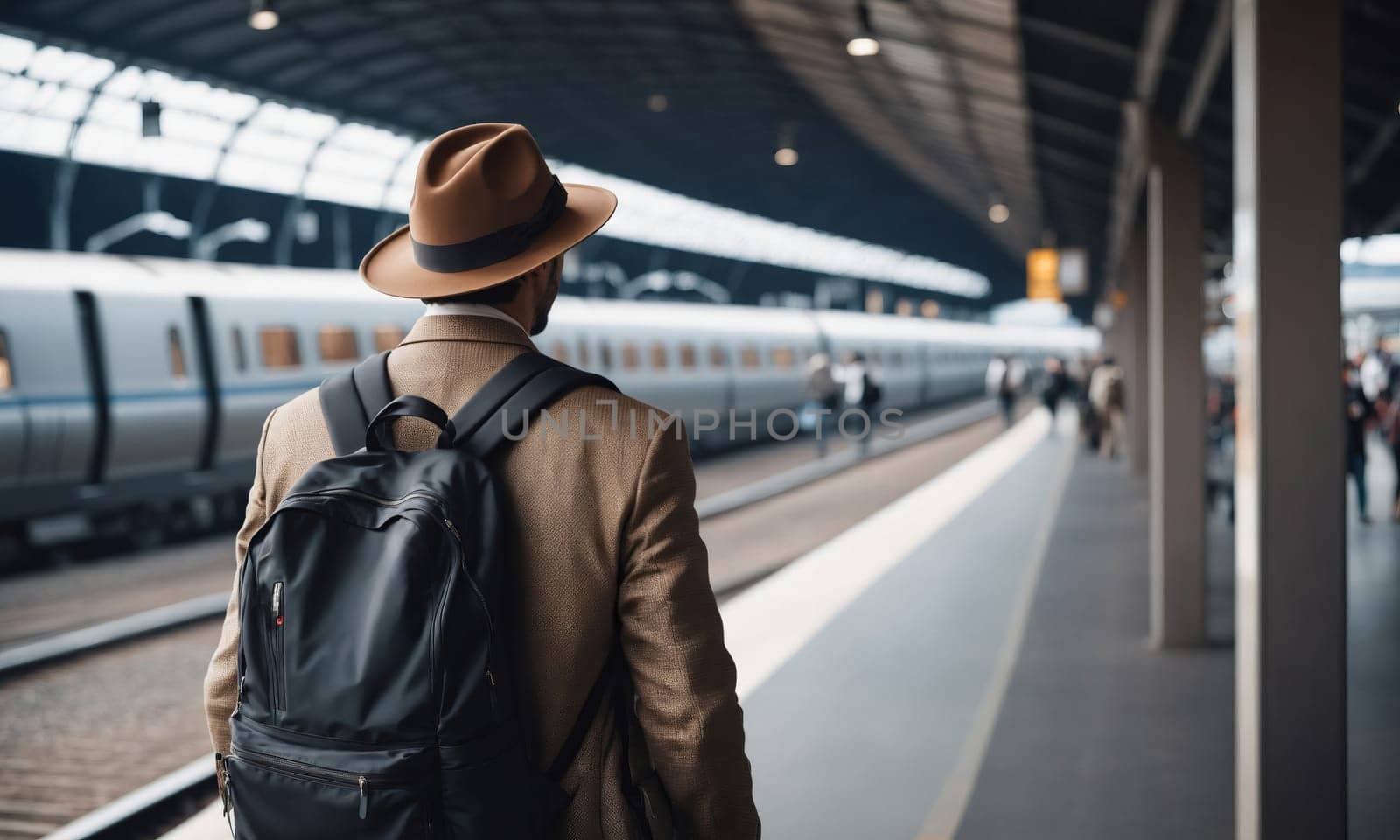 A traveler adorned in a hat and backpack waits on a busy train station platform. The blue train and bustling passengers paint a scene of urban transit.