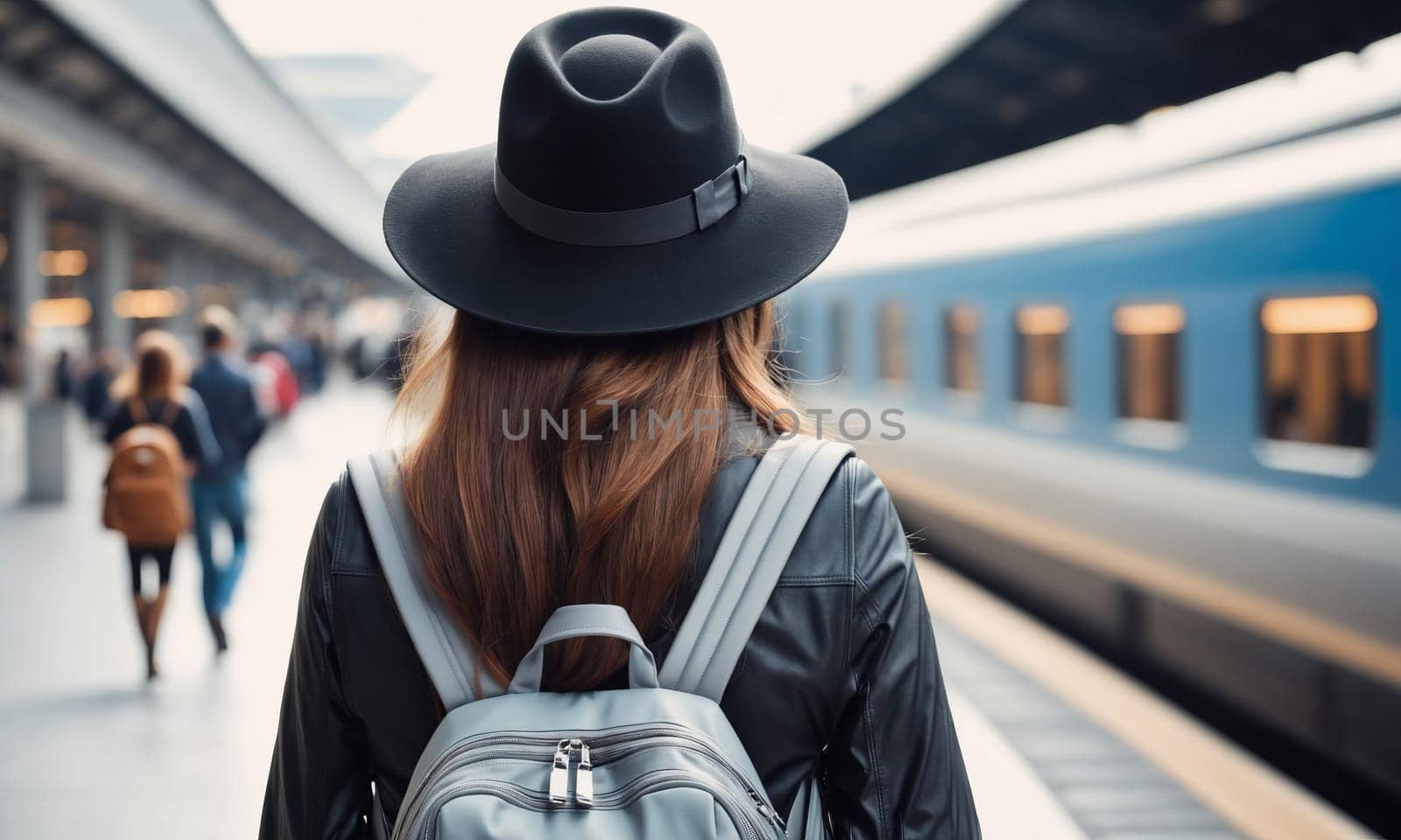 A traveler adorned in a hat and backpack waits on a busy train station platform. The blue train and bustling passengers paint a scene of urban transit.