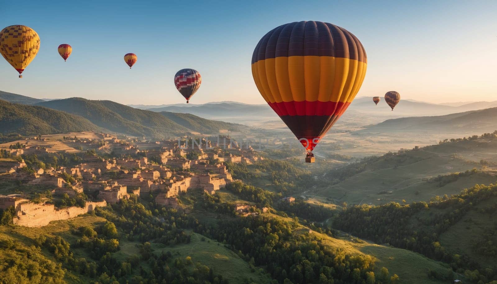 A breathtaking view of colorful hot air balloons soaring over a picturesque historic village nestled among lush greenery and mountains at sunrise.