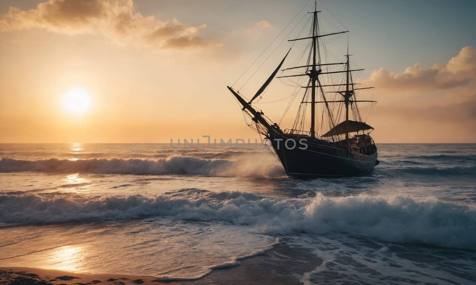 boat on the ocean waves against the backdrop of a breathtaking sunset. The golden hour of light creates a calm and quiet atmosphere.