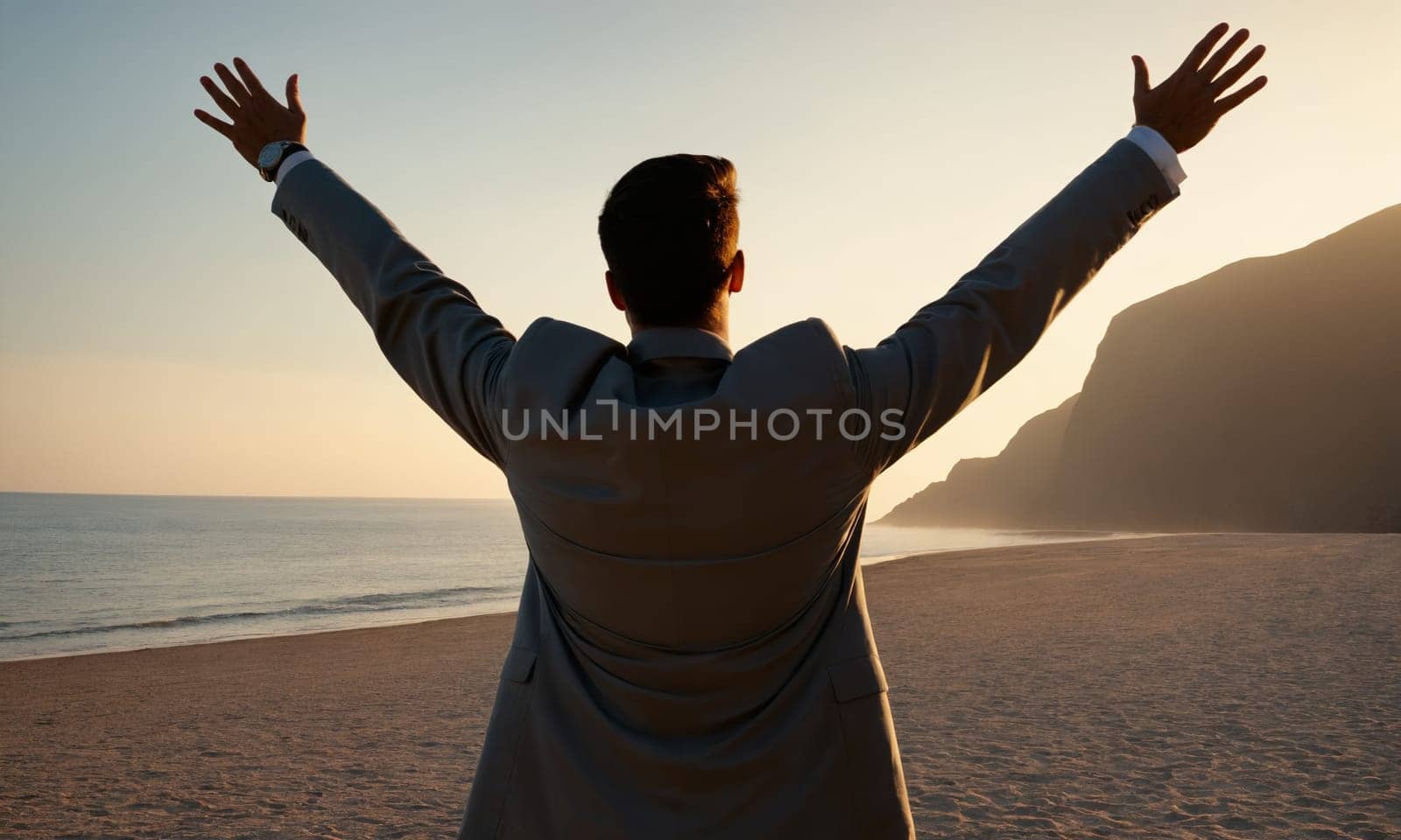A person stands with arms raised on a serene beach. The silhouette is highlighted against the backdrop of a tranquil ocean and towering mountains.