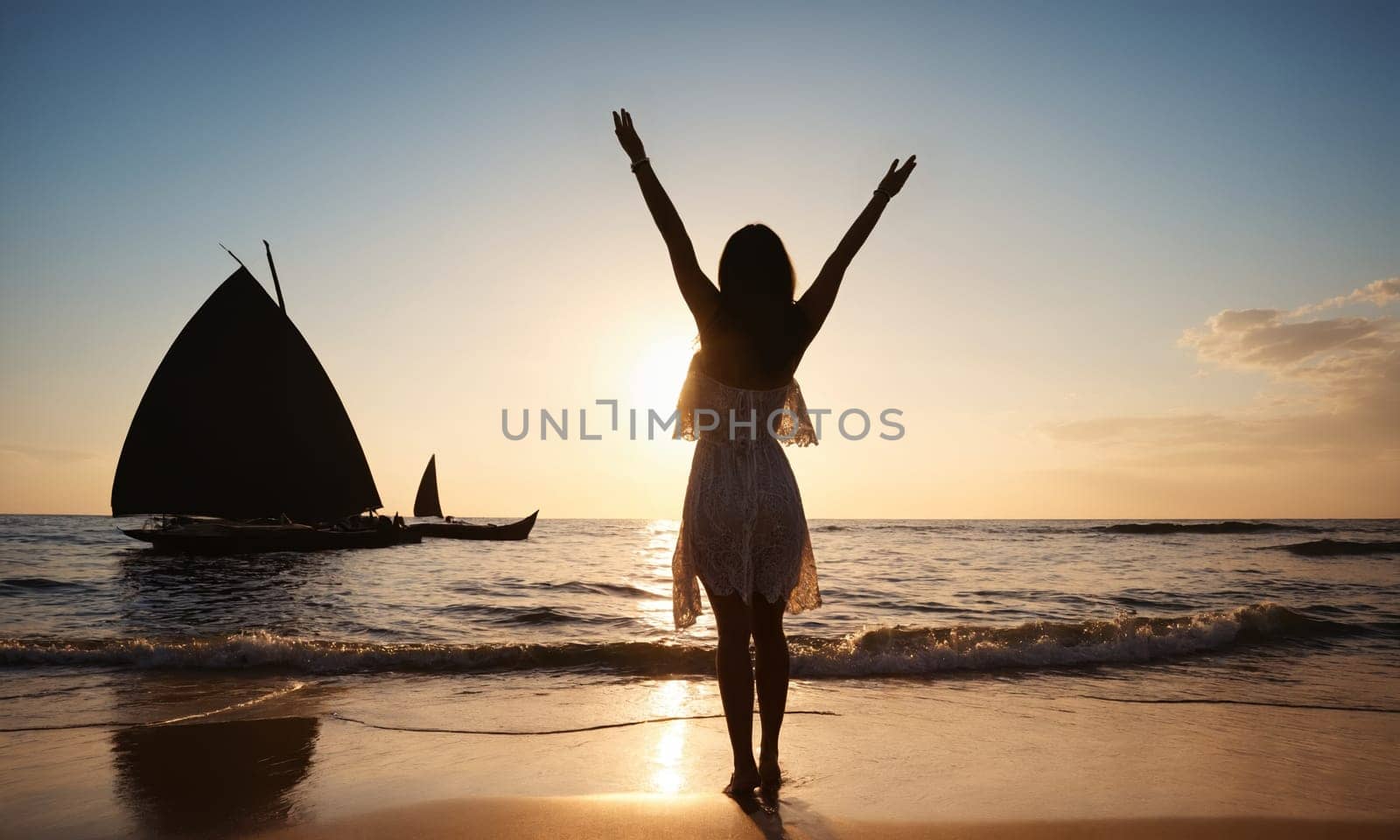 Silhouette of a woman with raised hands against the sea by Andre1ns