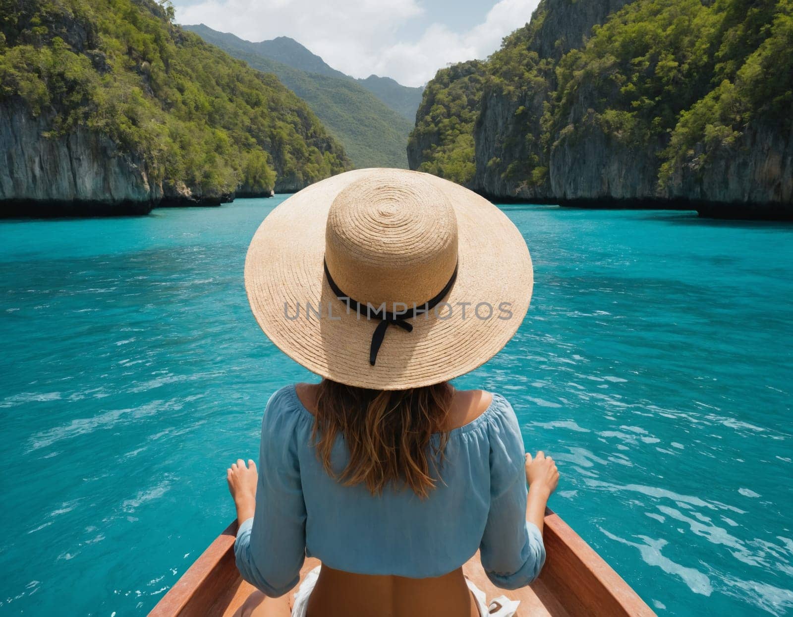 Back view of a woman in a swimsuit and hat sitting on the bow of a boat in the tropical sea