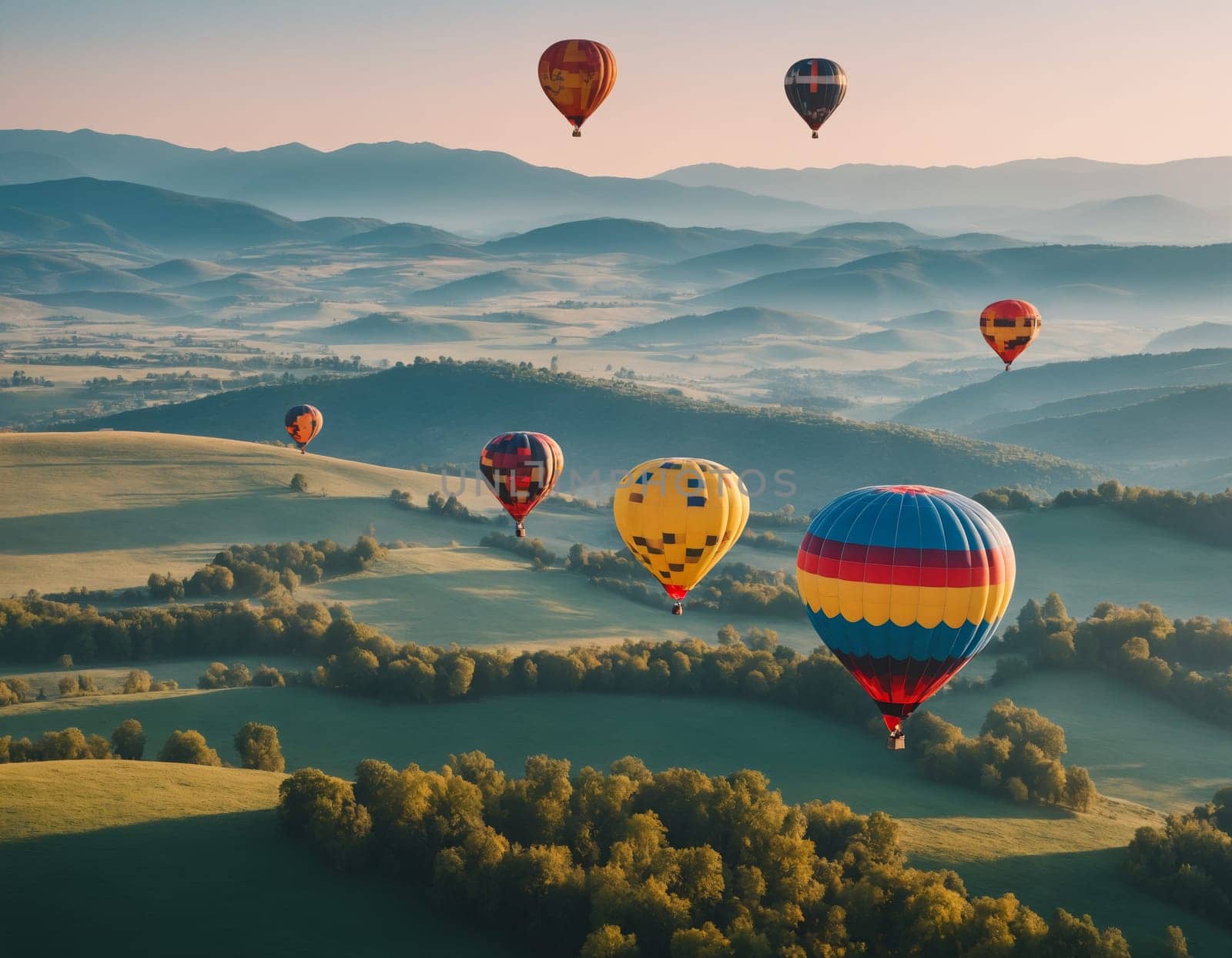Spectacular views of colorful hot air balloons floating above the scenic landscape during golden hour. The image captures the essence of freedom and adventure.