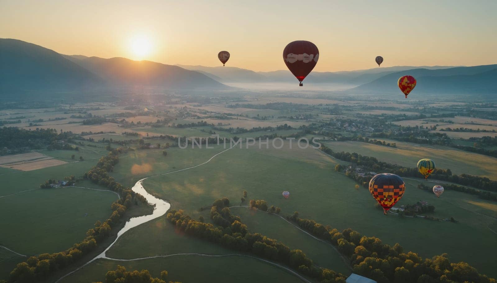 Colored hot air balloons float over a beautiful landscape by Andre1ns