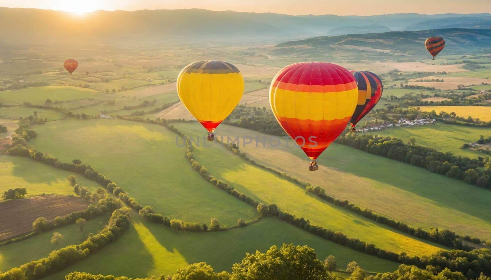 Colored hot air balloons float over a beautiful landscape by Andre1ns