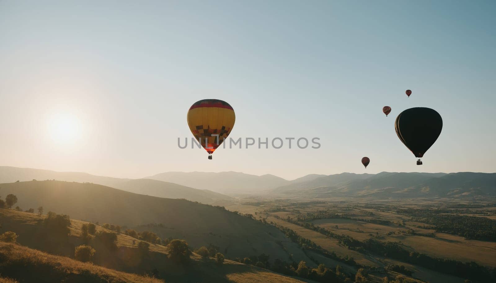 Colored hot air balloons float over a beautiful landscape by Andre1ns