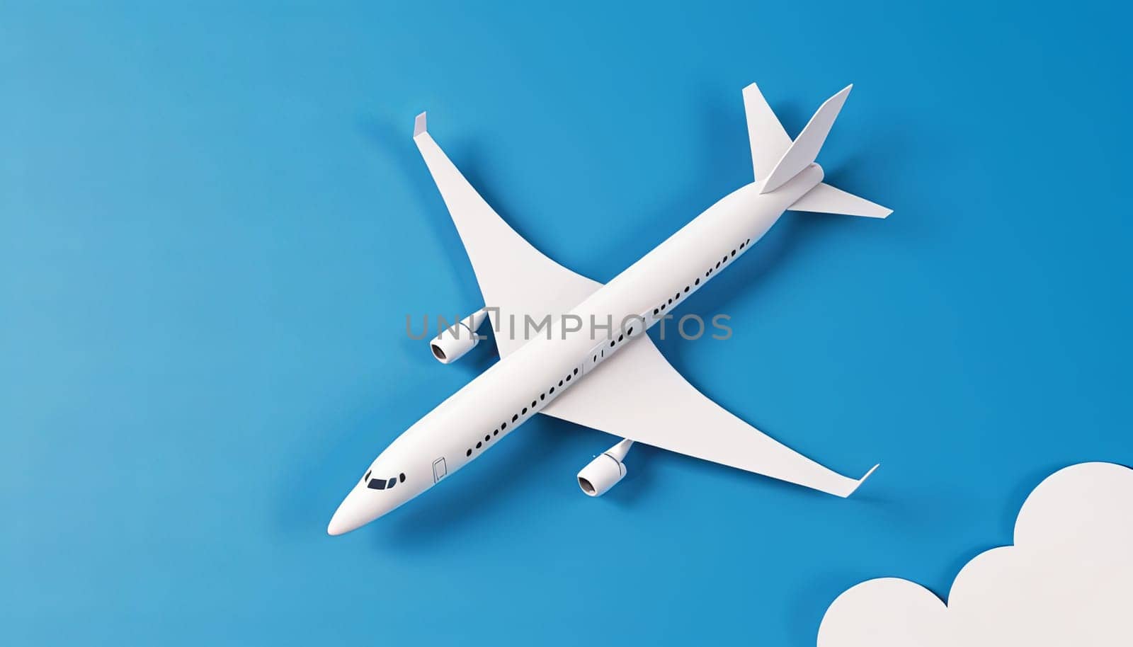 Illustration of a white commercial airplane on a blue background.