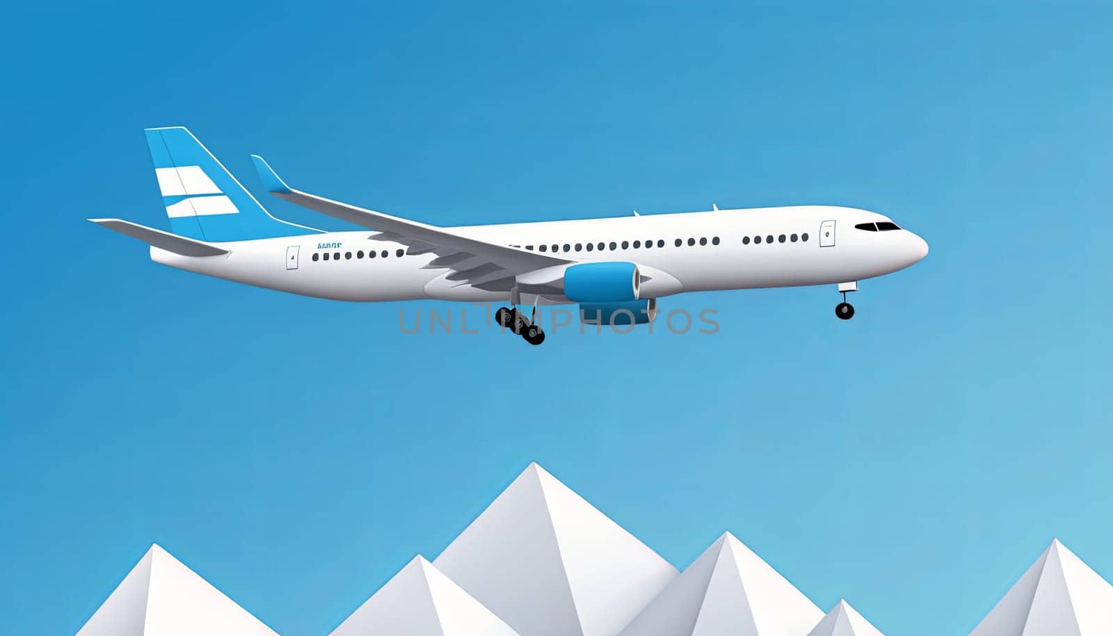 Illustration of a white commercial airplane on a blue background.