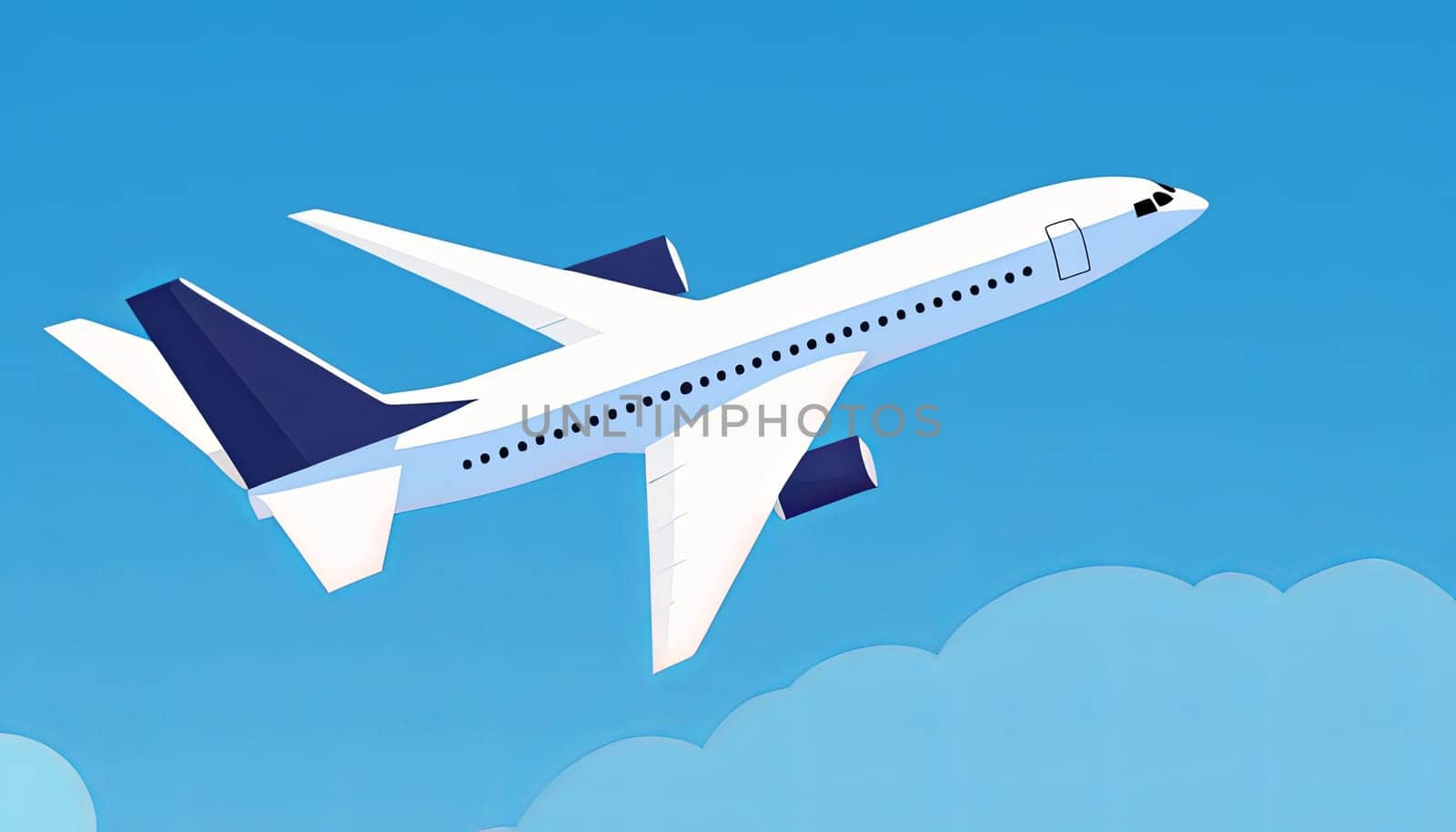 Illustration of a white commercial airplane on a blue background.