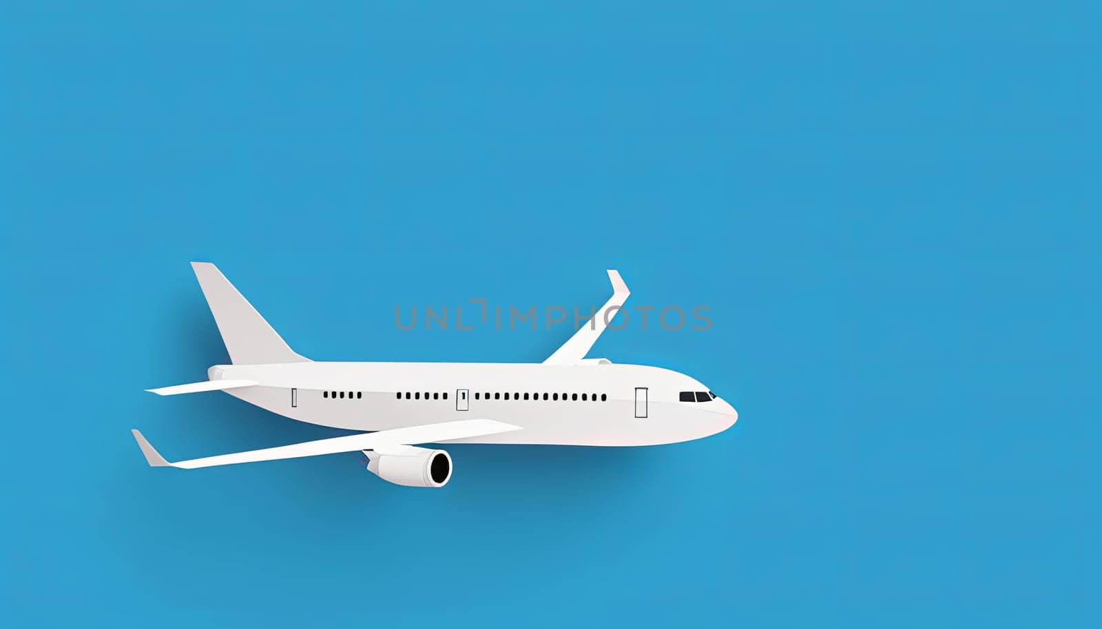 Illustration of a white commercial airplane on a blue background.