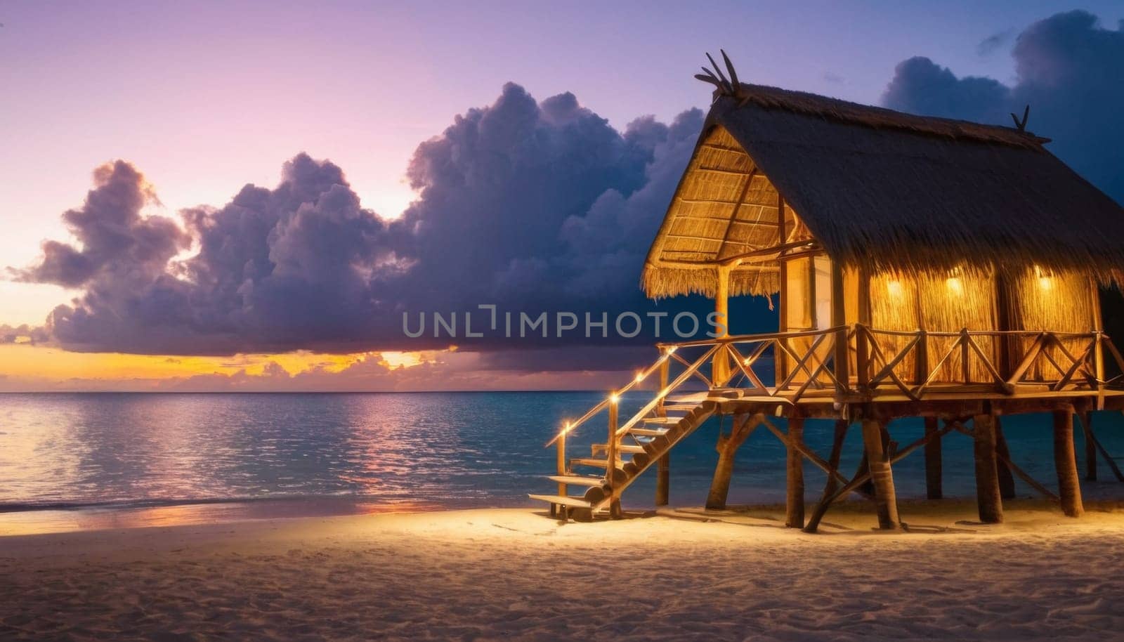 Tropical overwater bungalow at sunset by Andre1ns