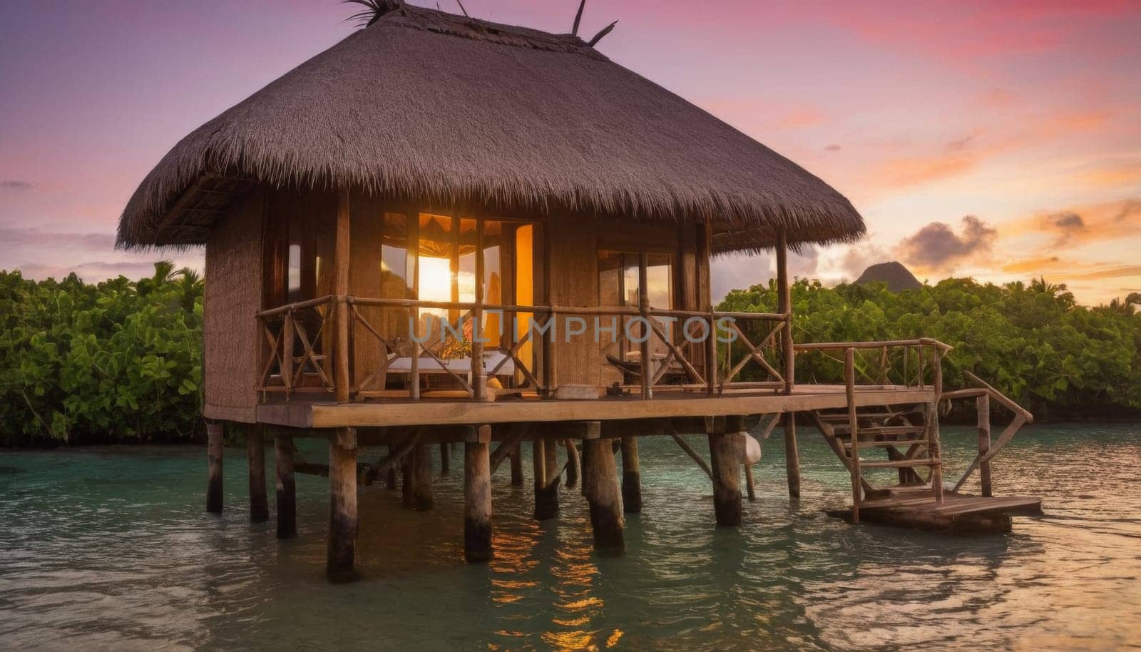 Tropical overwater bungalow at sunset by Andre1ns