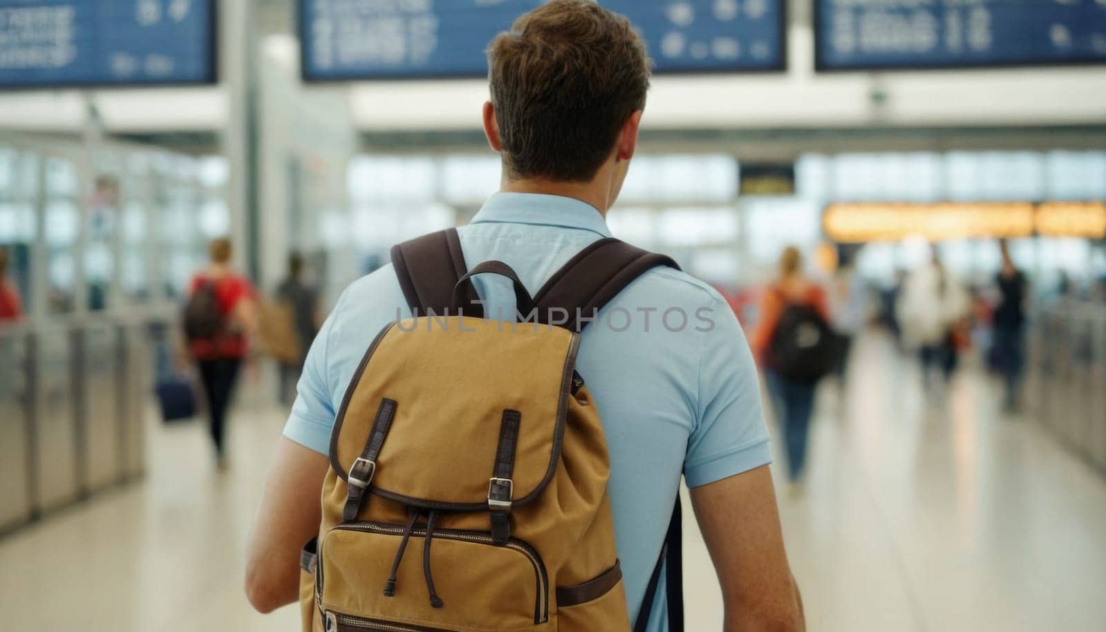 A back view of a young traveler with a green backpack looking at the departure boards in a modern and bright airport terminal.
