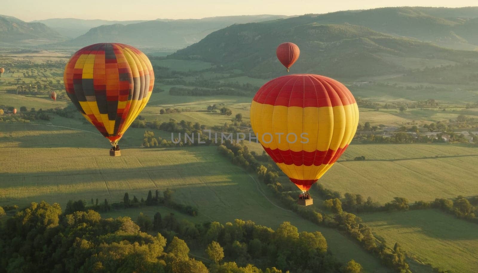 A breathtaking view of colorful hot air balloons soaring over a picturesque historic village nestled among lush greenery and mountains at sunrise.
