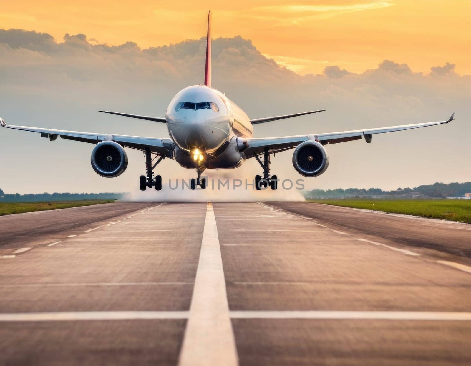 Front view of an airplane taking off from the runway.