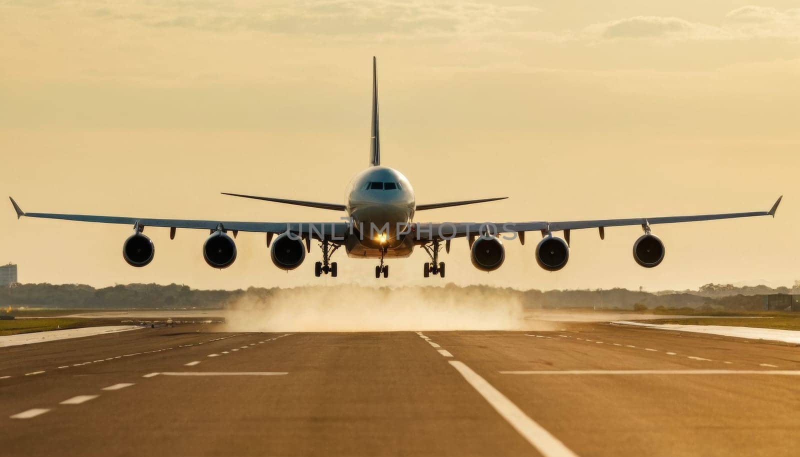 Front view of an airplane taking off from the runway.