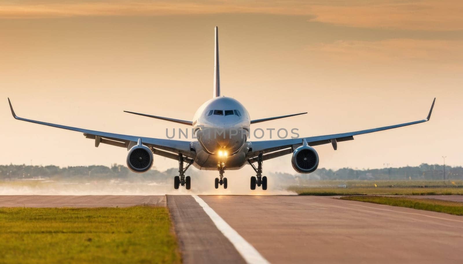 Commercial airplane takes off over the runway by Andre1ns