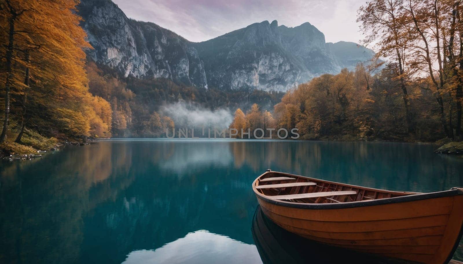 A wooden boat floats on a tranquil lake surrounded by mountains and trees adorned with vibrant autumn foliage. The scene encapsulates the serene beauty of nature.