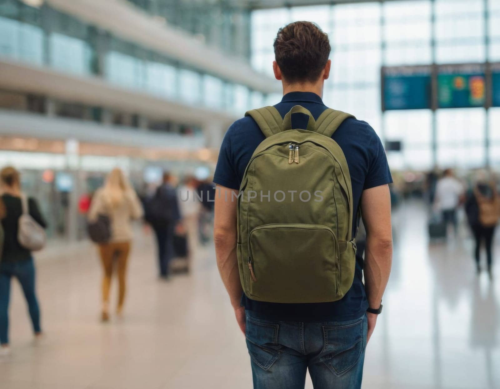 A back view of a young traveler with a green backpack looking at the departure boards in a modern and bright airport terminal.