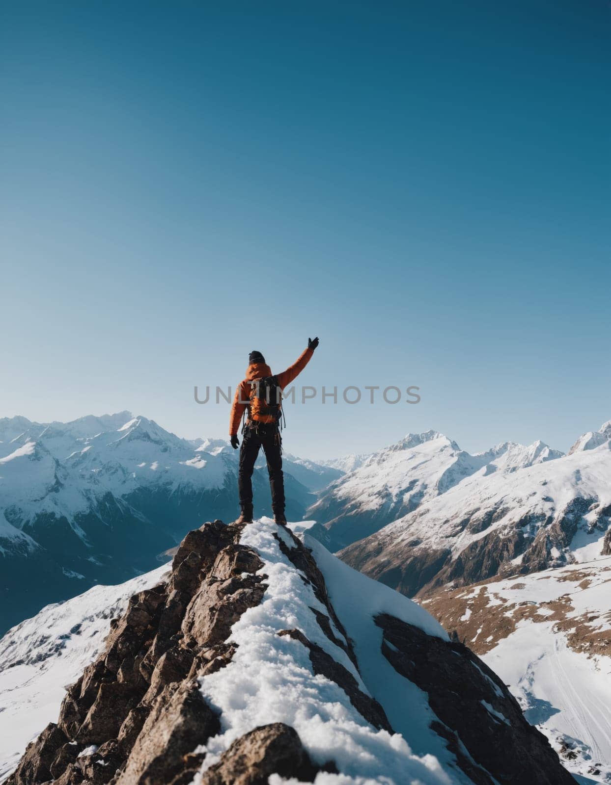 A mountaineer stands atop a rugged peak against a backdrop of majestic snow-capped mountains bathed in the soft glow of sunrise.