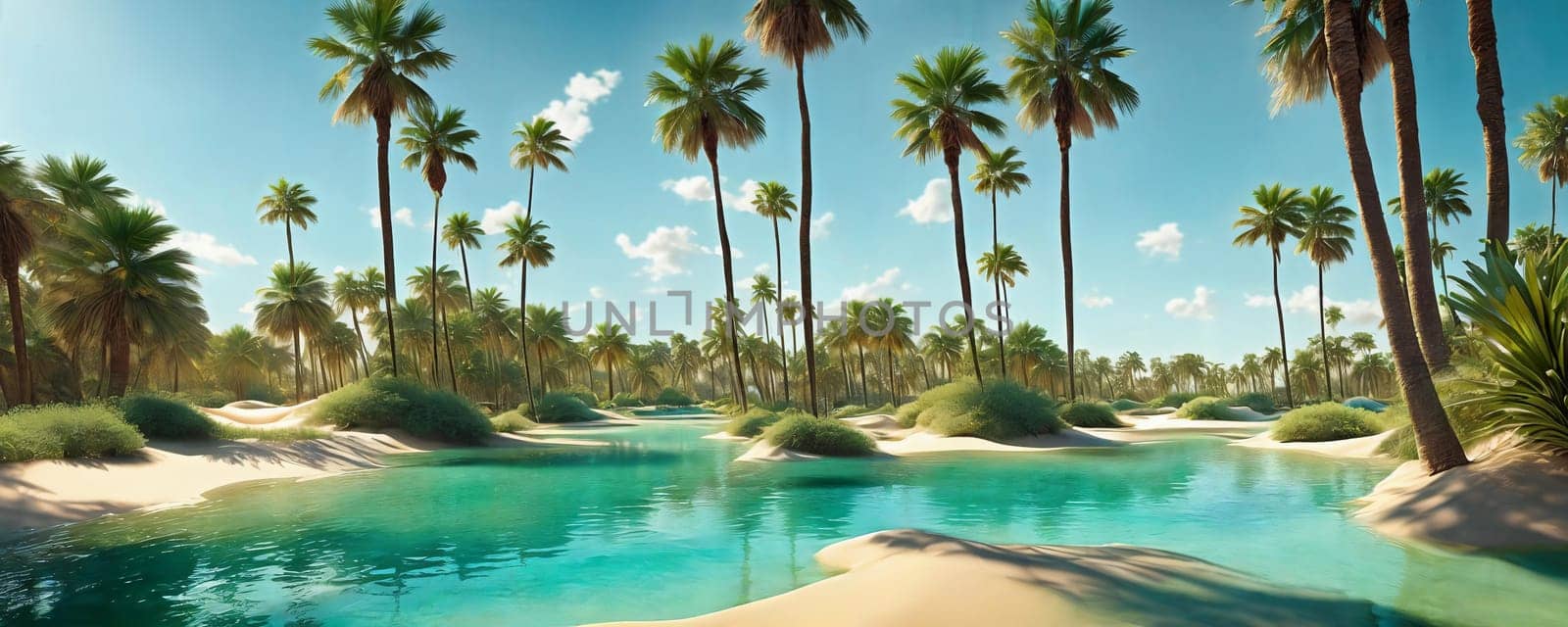 A hidden oasis in the desert with emerald-green waters, palm trees. AI Generated by GoodOlga