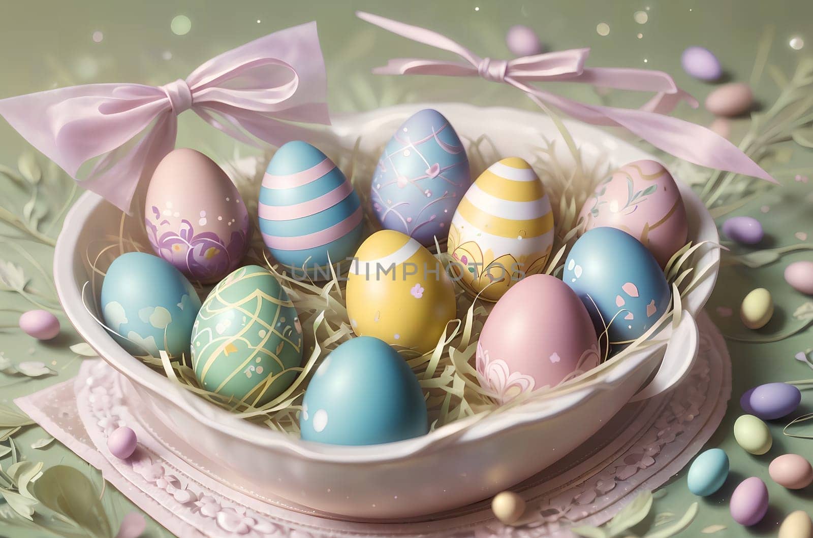 Easter card with painted colored eggs. AI generated image.