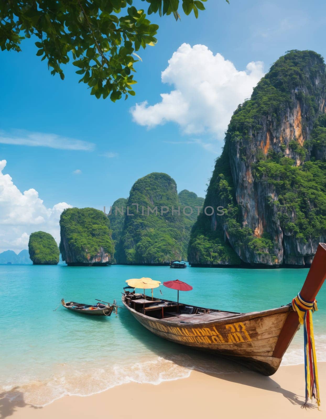 A pristine tropical beach with crystal clear waters and a traditional wooden boat in the foreground. Lush green cliffs and blue skies create a serene atmosphere.