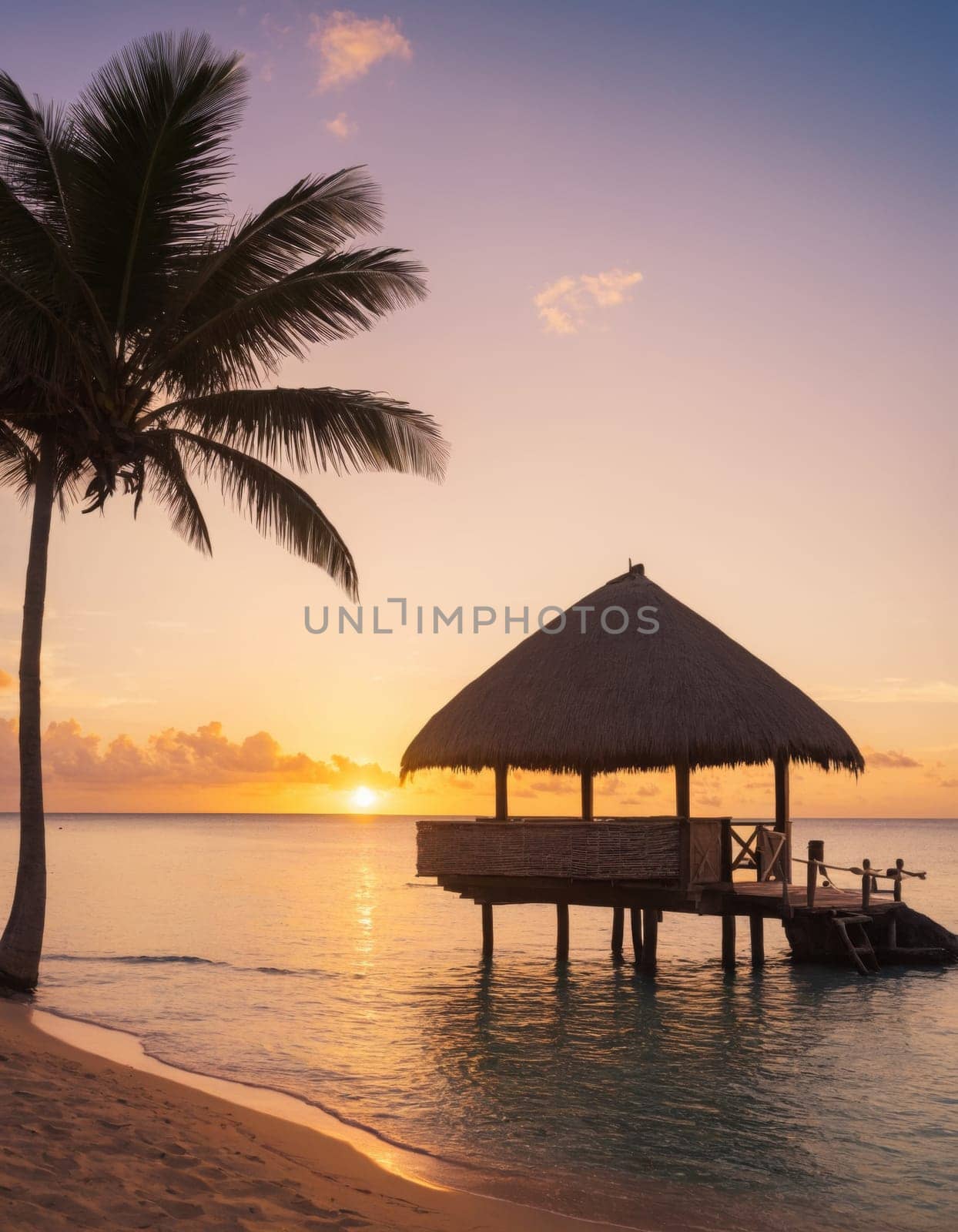 A luxurious overwater bungalow set against a stunning sunset. Surrounded by calm waters and palm trees offering a perfect tropical escape.