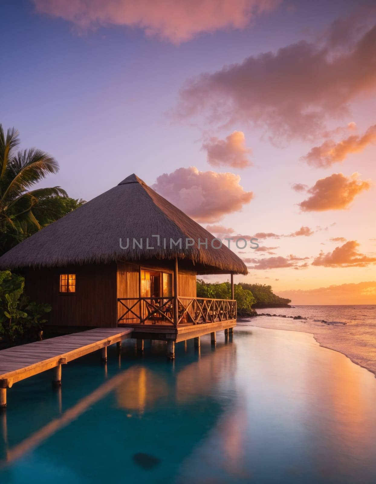Tropical overwater bungalow at sunset by Andre1ns