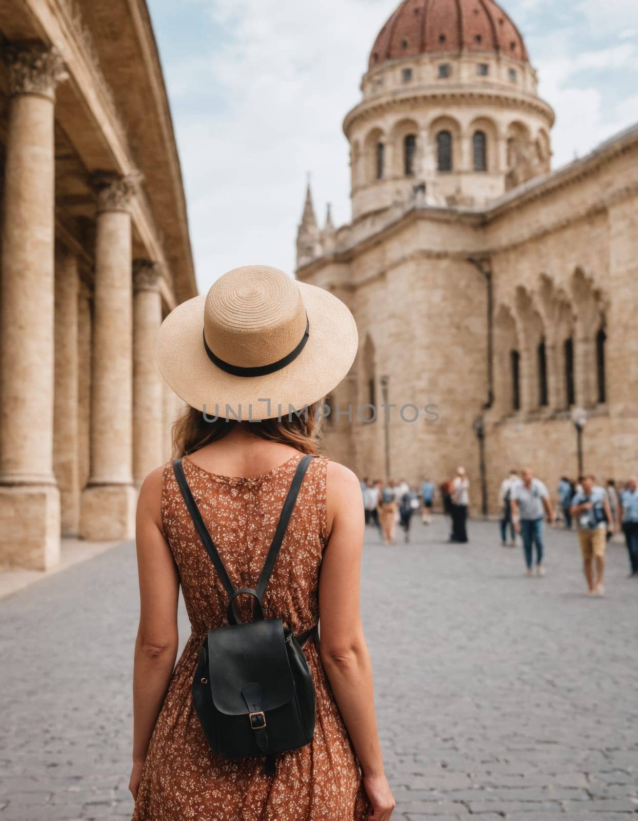 Elegant woman walks along the street of an old European city in summer by Andre1ns