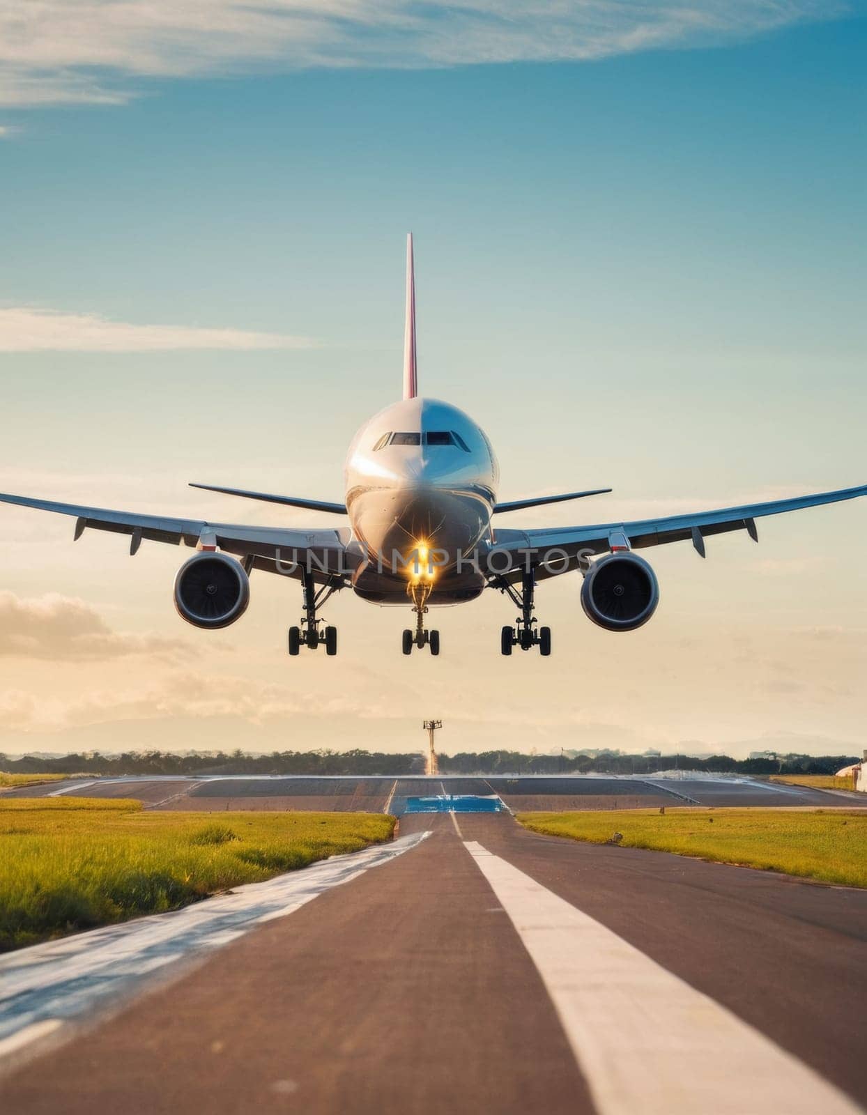 Front view of an airplane taking off from the runway.