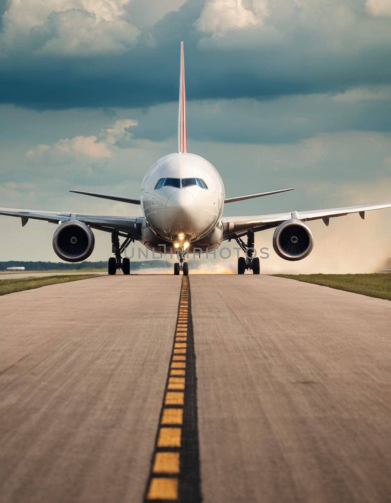 Front view of an airplane taking off from the runway.