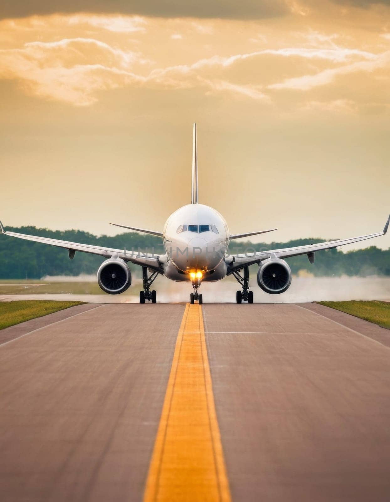 Front view of an airplane taking off from the runway.