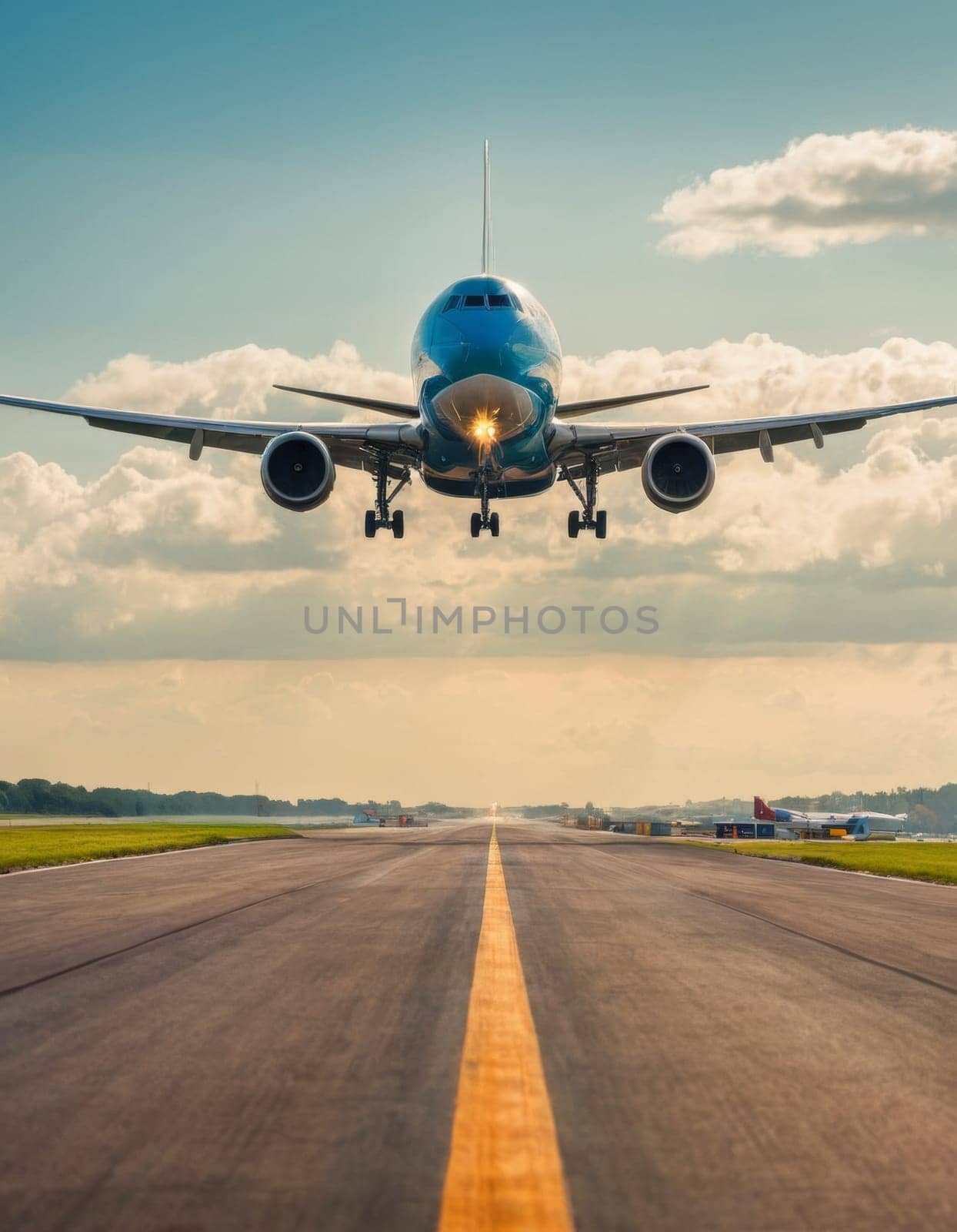 Front view of an airplane taking off from the runway.