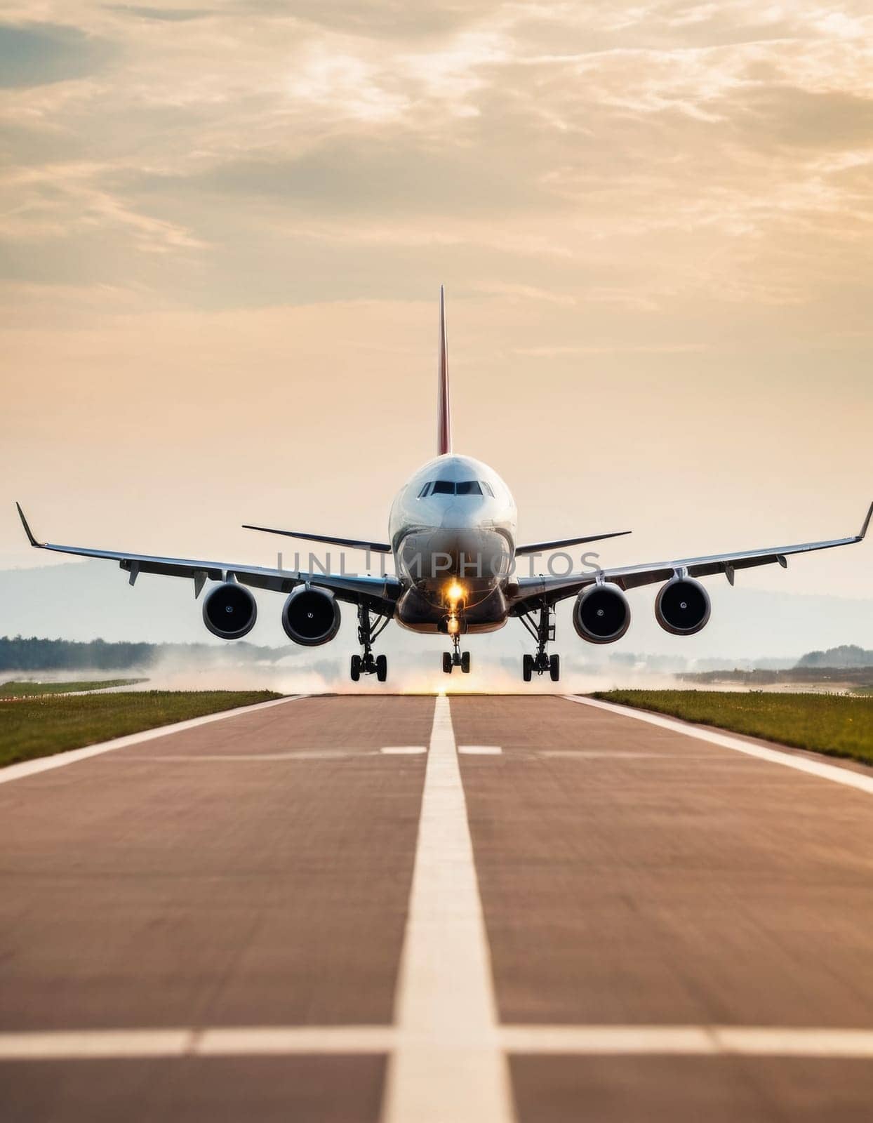 Front view of an airplane taking off from the runway.