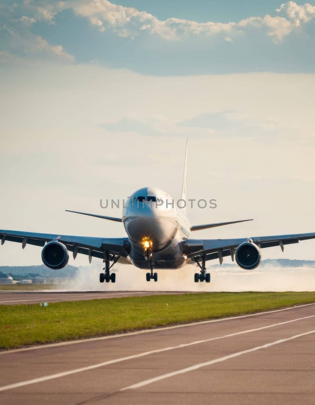 Commercial airplane takes off over the runway by Andre1ns