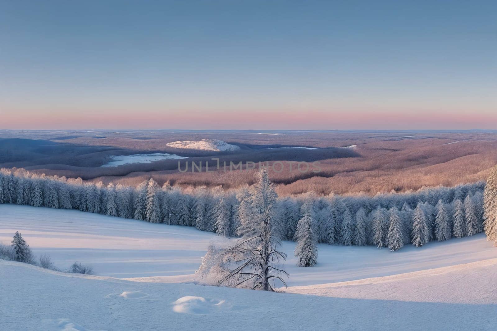 A serene winter landscape, picturesque panorama. Snow-covered landscapes, frost-covered trees, and wintery scenes. Generative