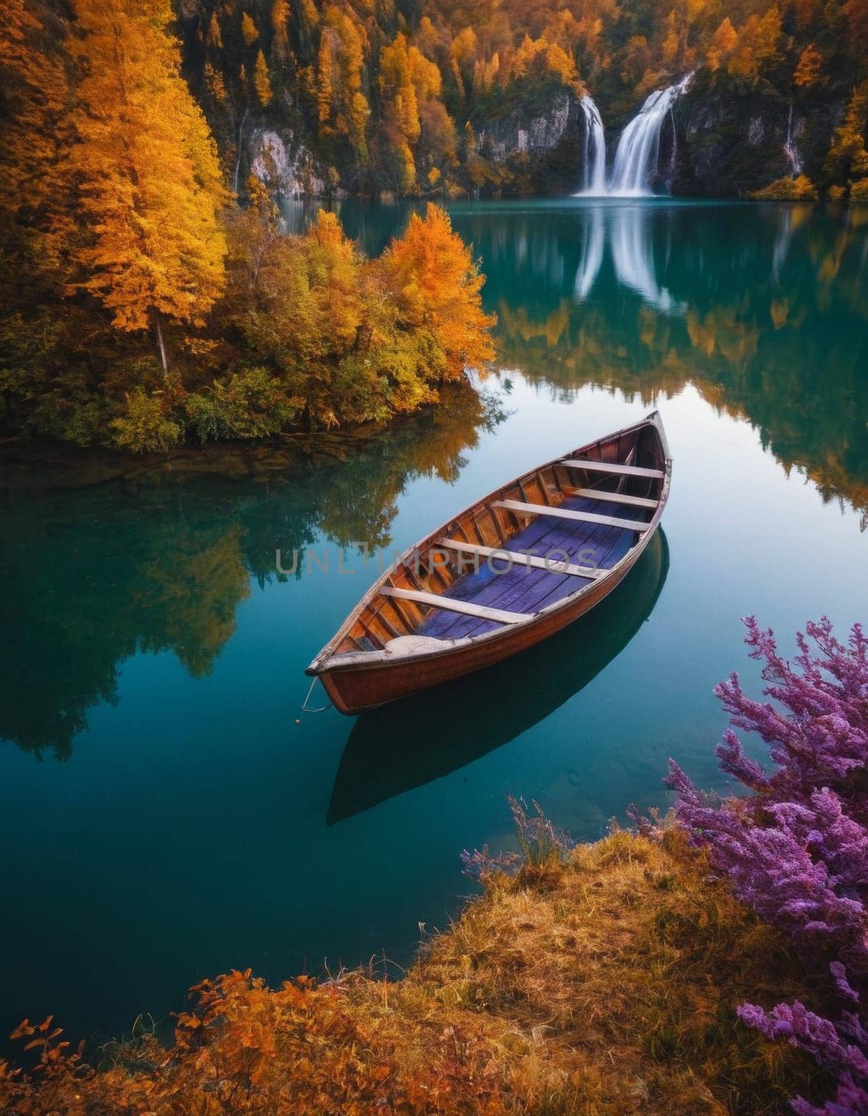 A wooden boat floats on a tranquil lake surrounded by mountains and trees adorned with vibrant autumn foliage. The scene encapsulates the serene beauty of nature.