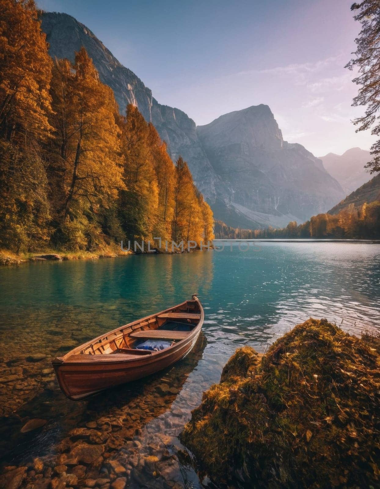 A wooden boat floats on a tranquil lake surrounded by mountains and trees adorned with vibrant autumn foliage. The scene encapsulates the serene beauty of nature.