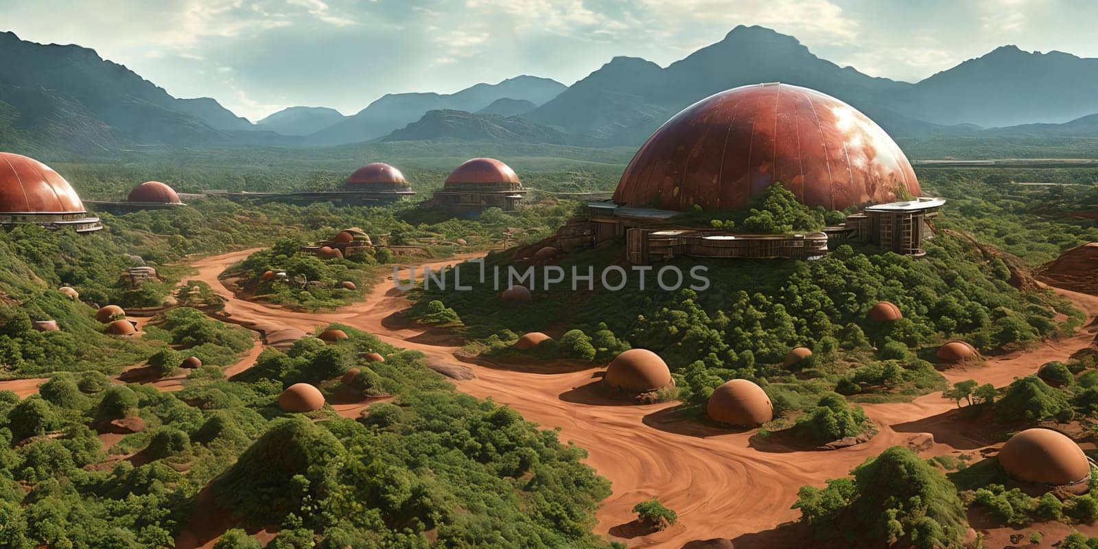 A digital artwork of a transformed Mars settlement in the future, showcasing domed habitats, terraforming machinery, and abundant greenery changing the red planet into a livable world. by GoodOlga