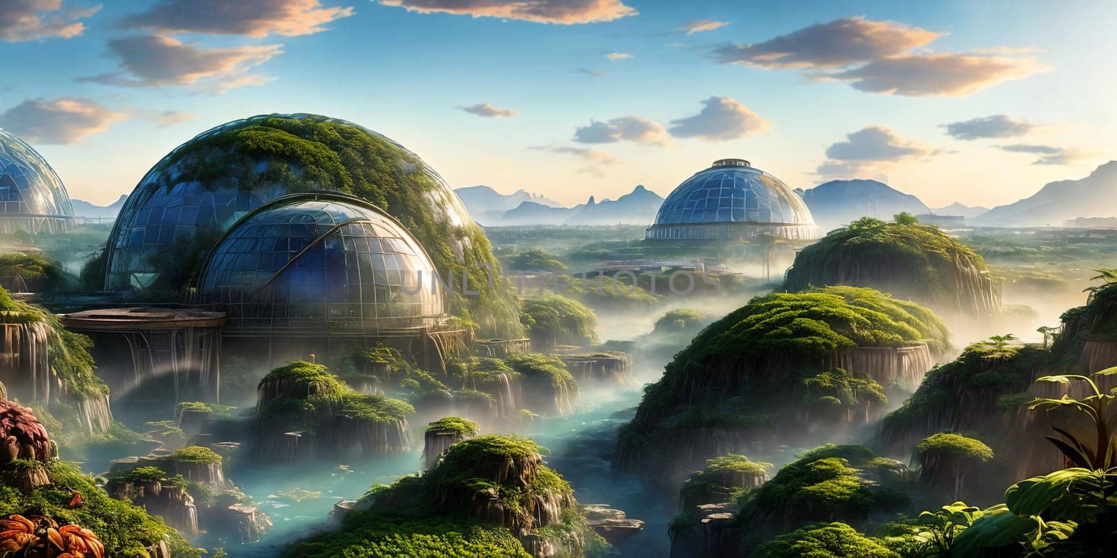 Vibrant biodome city on alien planet. diverse ecosystems, artificial, bioengineered. by GoodOlga