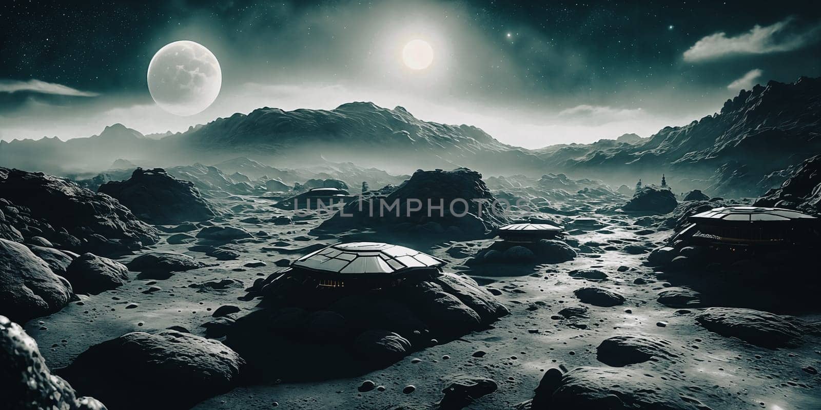 The lunar colony, modular habitats, solar panels, lunar rovers exploring the rugged terrain. by GoodOlga