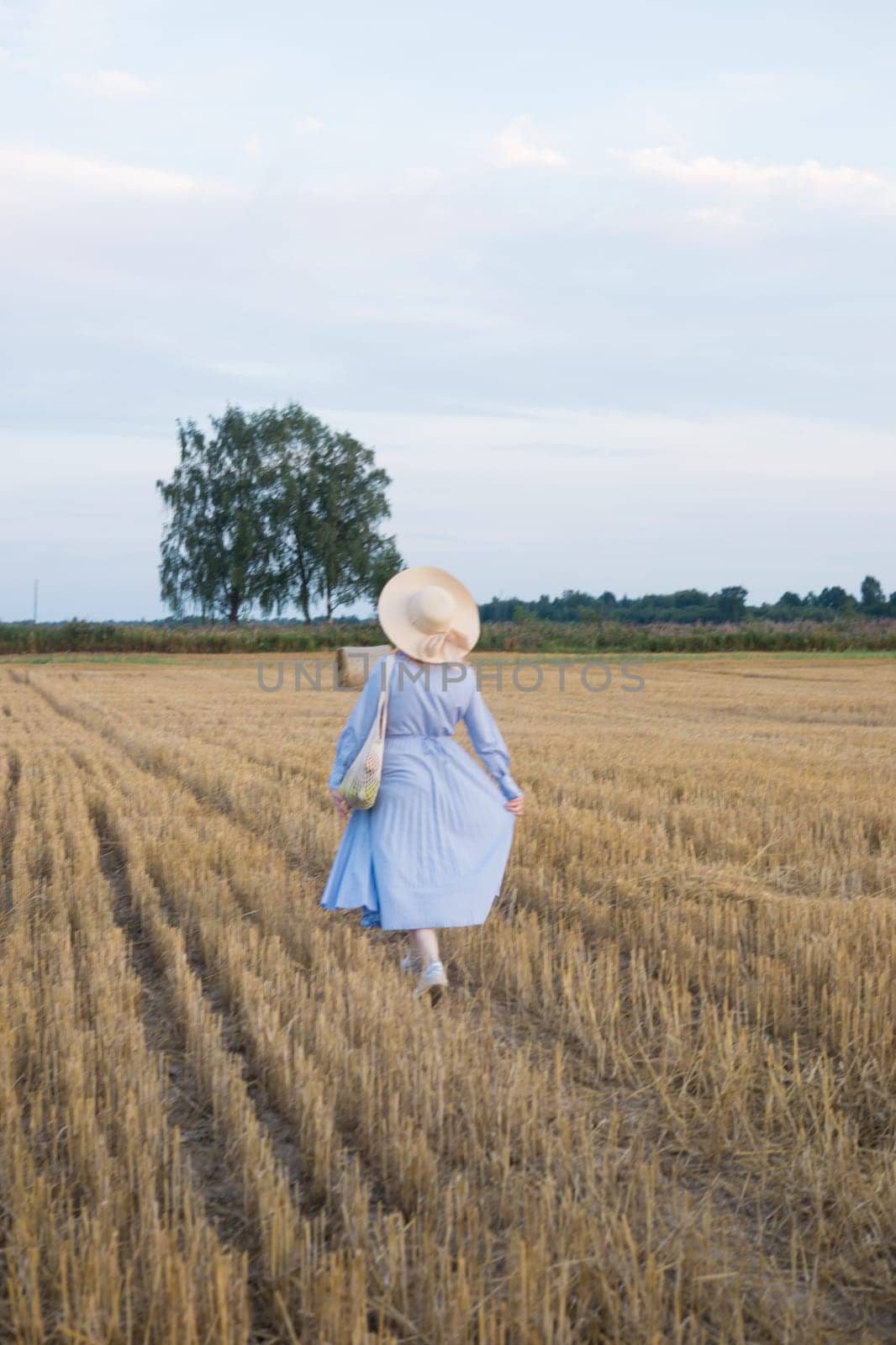 A red-haired woman in a hat and a blue dress walks in a field with haystacks