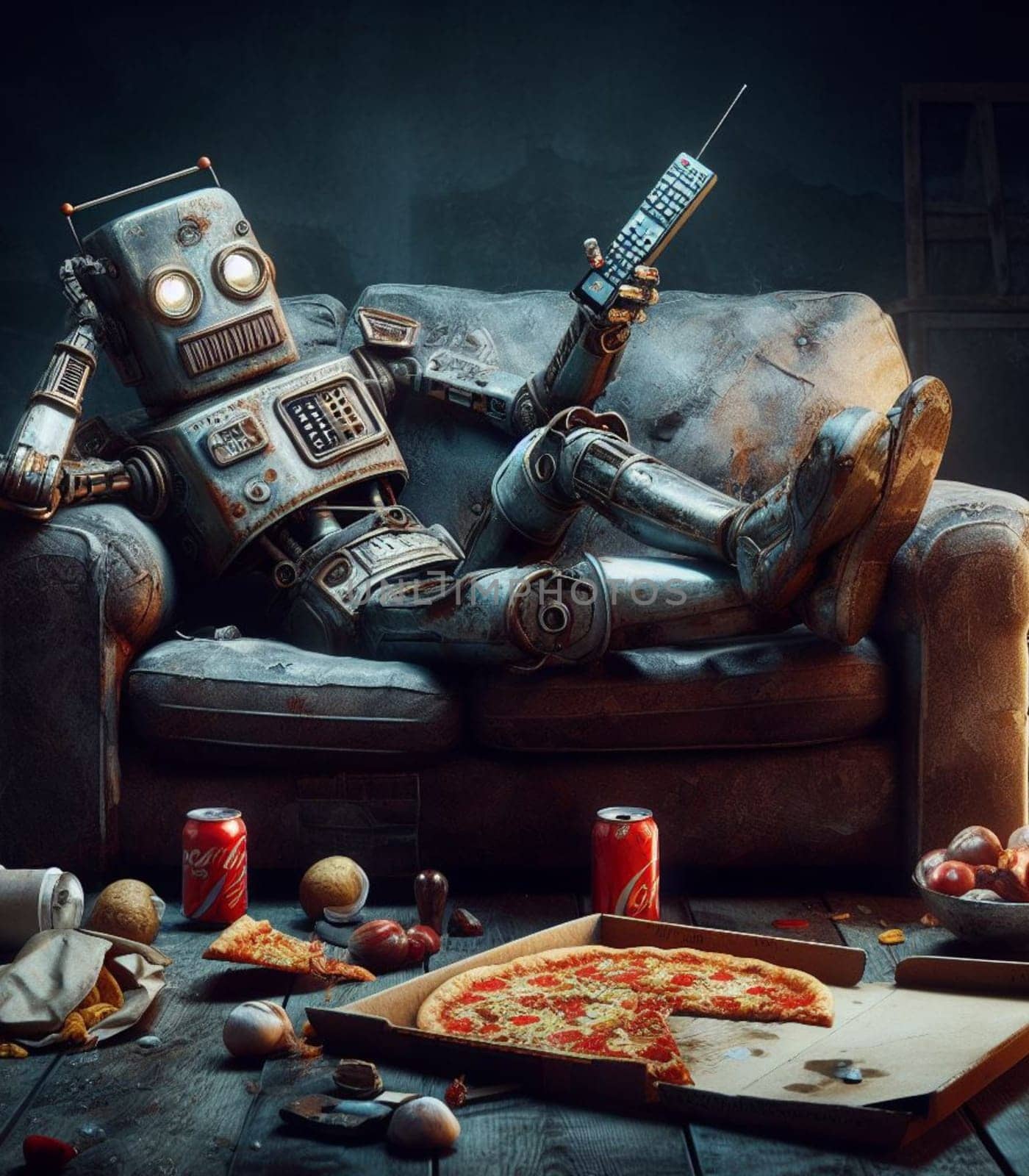 lazy robot lying in sofa after eating junk food ai generated