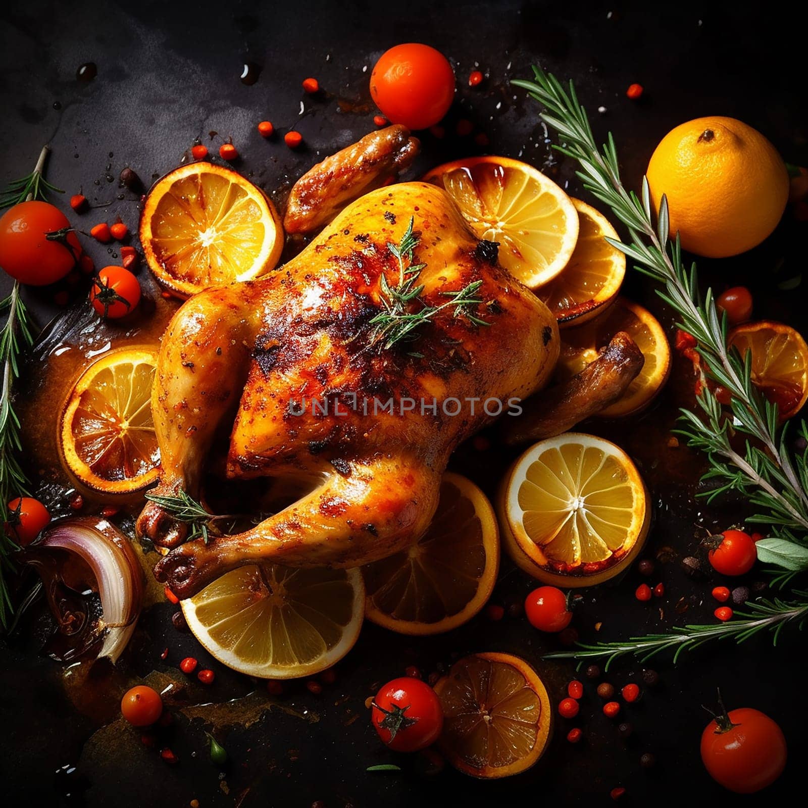 Roasted chicken garnished with citrus and herbs on dark surface.