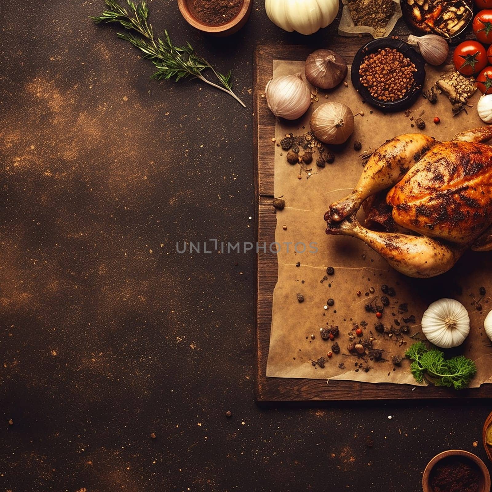 Roasted chicken on a board with spices and vegetables.